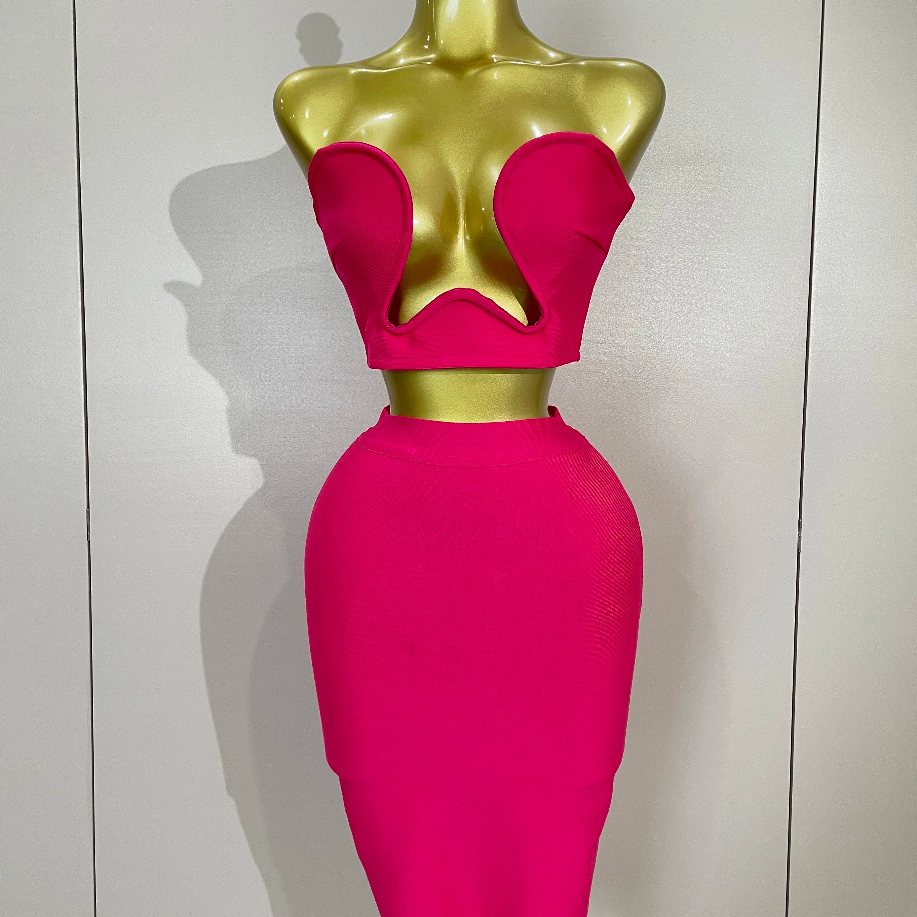 2025 Women Sexy Strapless Backless Black Bandage Two Piece Suit Celebrity Designer Fashion Birthday Gown Evening Prom Costume Rose Red