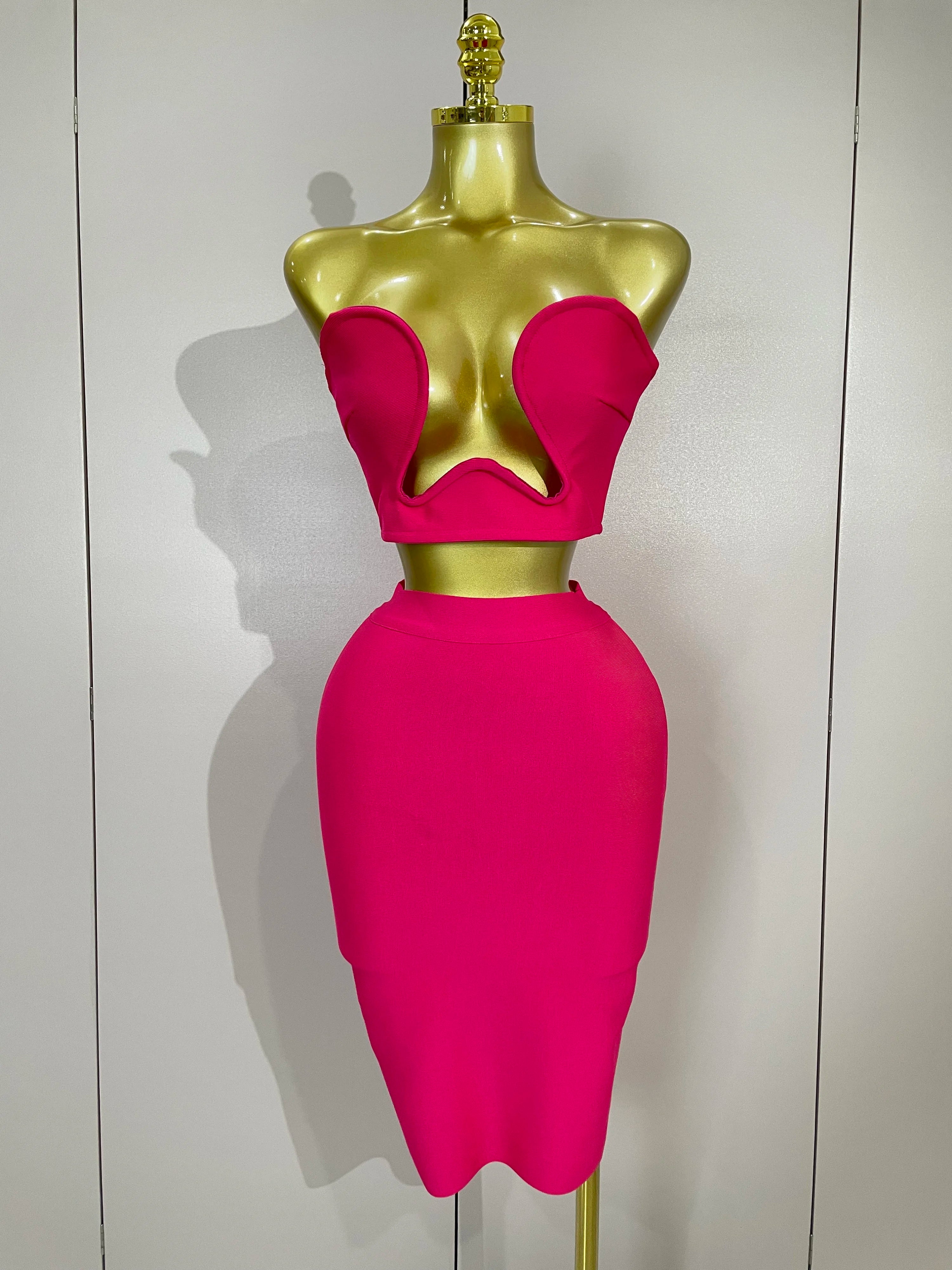 2025 Women Sexy Strapless Backless Black Bandage Two Piece Suit Celebrity Designer Fashion Birthday Gown Evening Prom Costume Rose Red