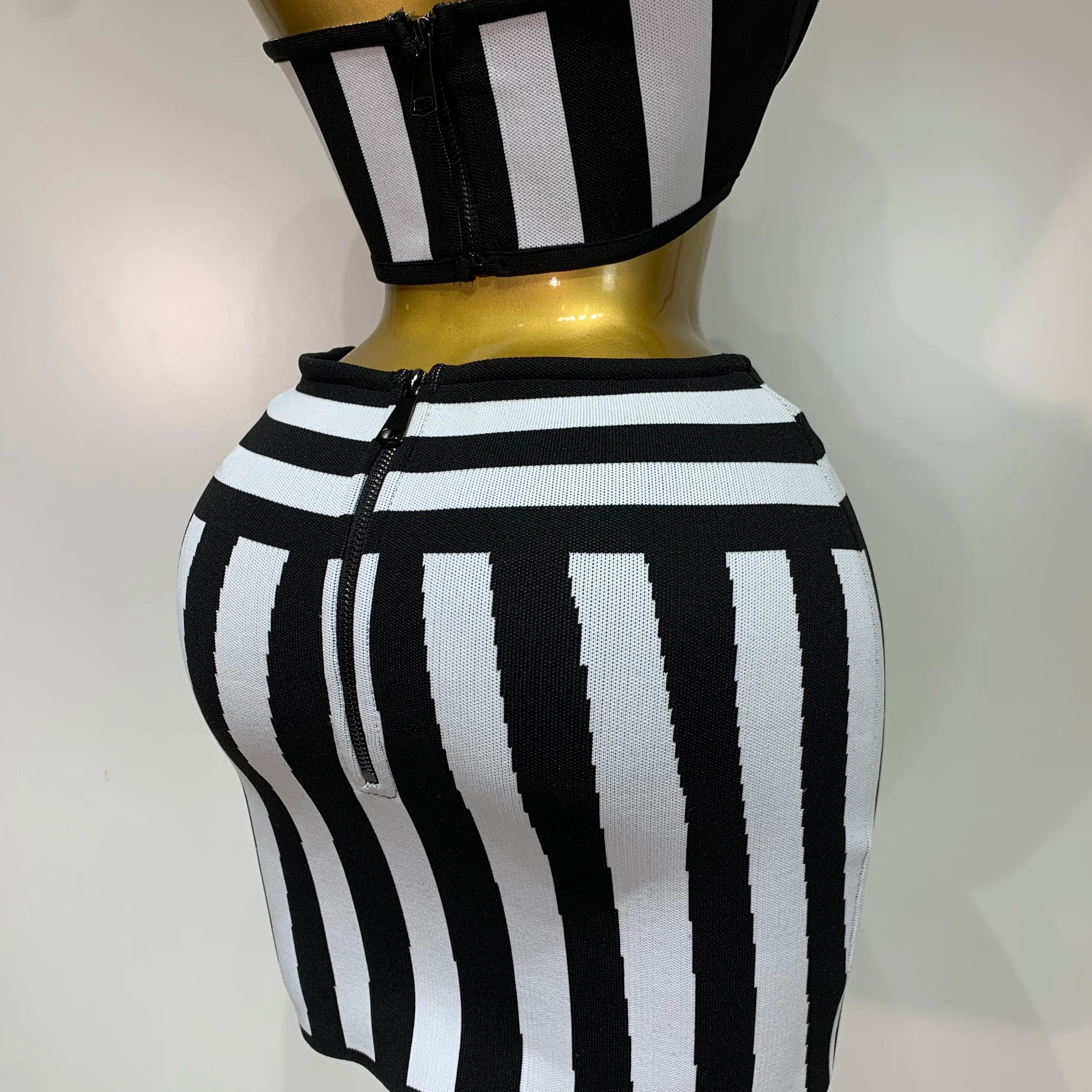 Women Sexy Backless Halter Striped Bandage Skirt Two Piece Set 2025 Knitted Celebrity Elegant Evening Birthday Party Dresses