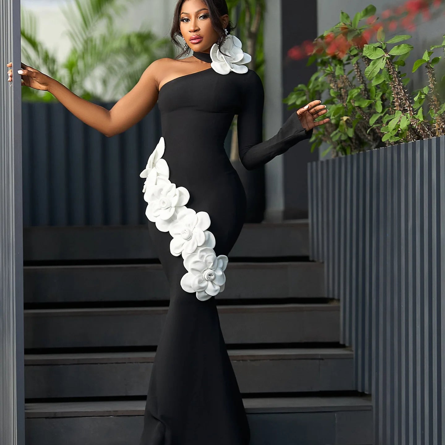 Women Sexy One Sleeve White Florals Bodycon Long Bandage Dress Fashion Nightclub Party Cocktail Outfit Vestido