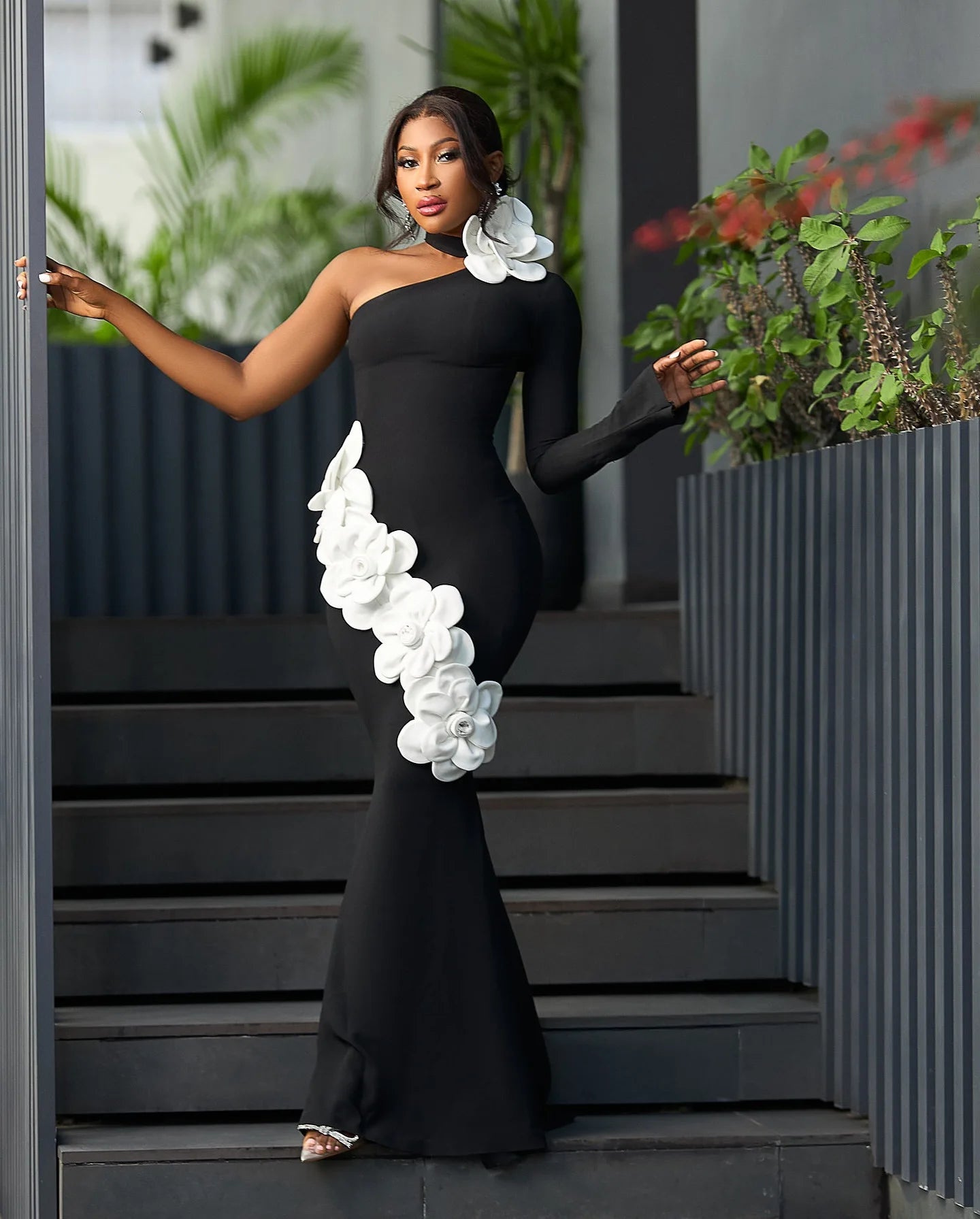 Women Sexy One Sleeve White Florals Bodycon Long Bandage Dress Fashion Nightclub Party Cocktail Outfit Vestido