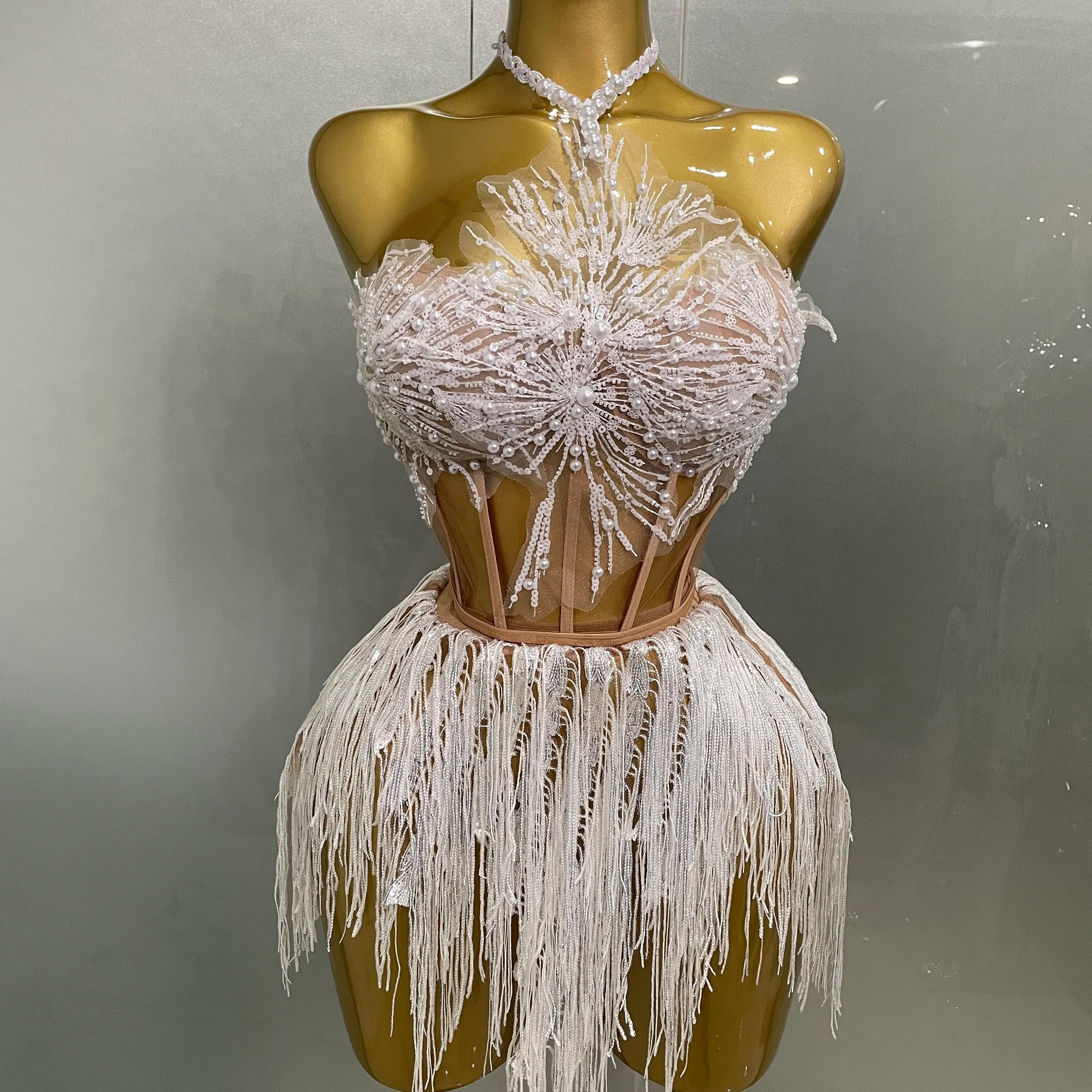 2025 Sexy Pearl Sequins Tassel Sleeveless Glitter Mini Dress Women Singer Bar Nightclub Stage Performance Clothing Show Outfit Ivory