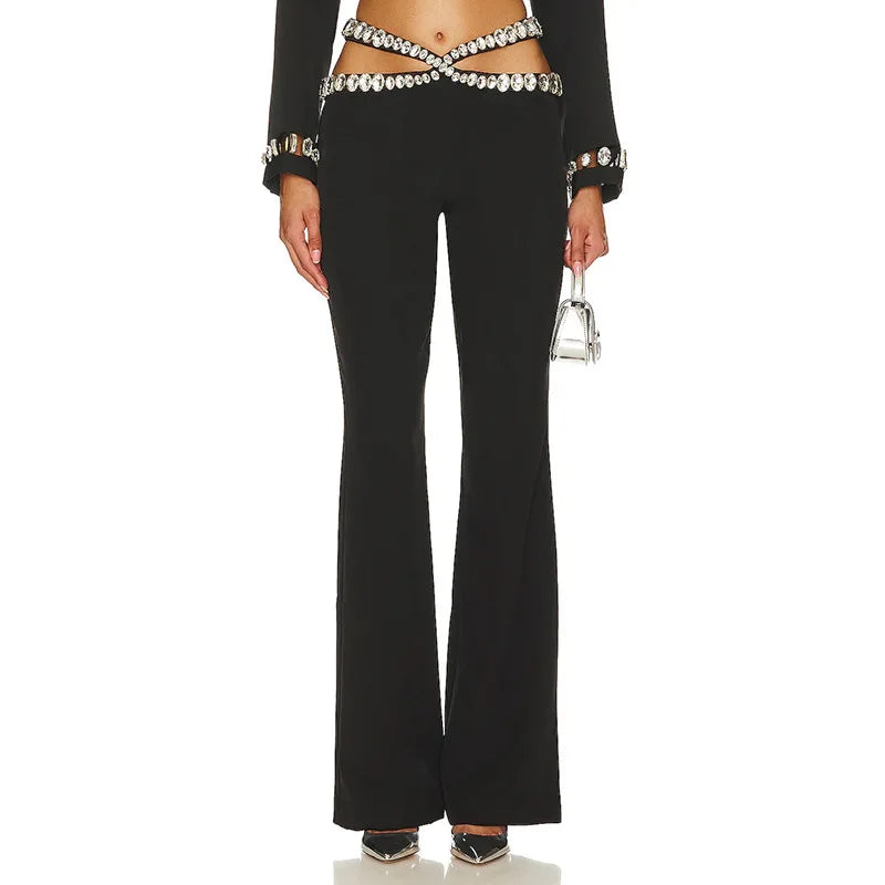 New Fashion Bandage Crystal Bodycon Pants Women Sexy High Street Casual Celebrate Nightclub Party Pants black