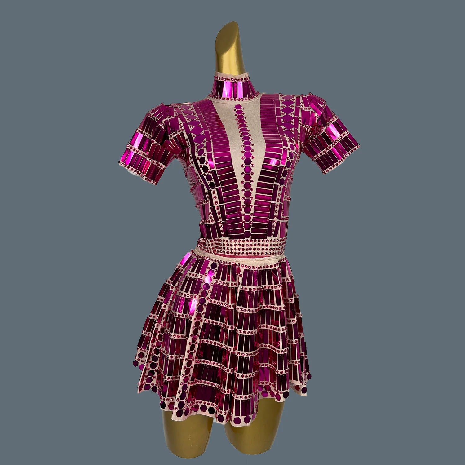 Women's Stage Show Bodysuit Mini Skirt 2Pcs Set Nightclub Dance Costume Birthday Party Shine Sequins Singer Wear Lianghuanghuang Rose Red