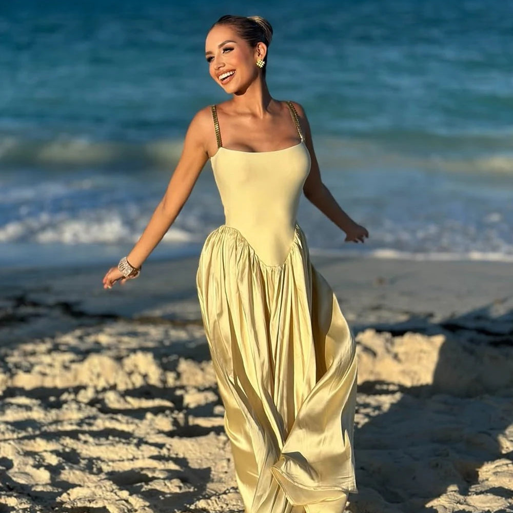 2025 Spring Women's Strap Chain Sleeveless Long Dress Fashionable Slimming Hundred Fold Elegant Dresses Evening Party Vestidos