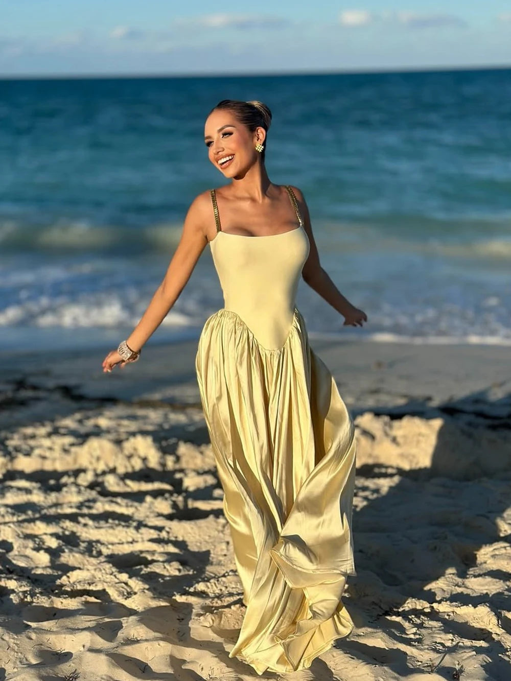 2025 Spring Women's Strap Chain Sleeveless Long Dress Fashionable Slimming Hundred Fold Elegant Dresses Evening Party Vestidos