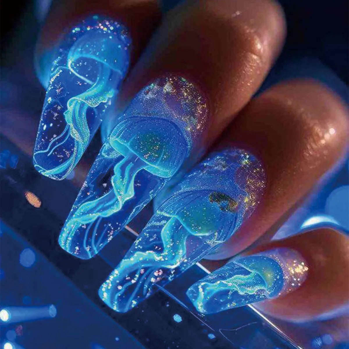 24pcs/set short Medium quare Glossy Ballerina Fake Nails jellyfish blue sea wave flowers geometric design press on false nails 1486