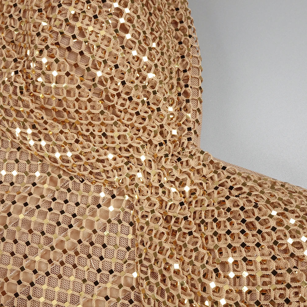 Flirty Glam Gold Sequin Strappless High Slit Backless Maxi Dress for Dance Party Summer Gown