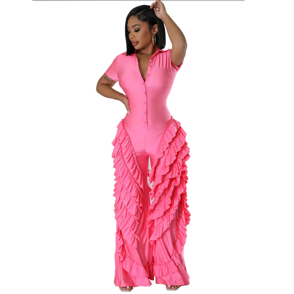 Fashion Women Mult Ruffles Short Sleeve Zipper Fly Wide Leg Shirt Jumpsuit 2024 Streetwear Romper One Piece Set Playsuit Pink