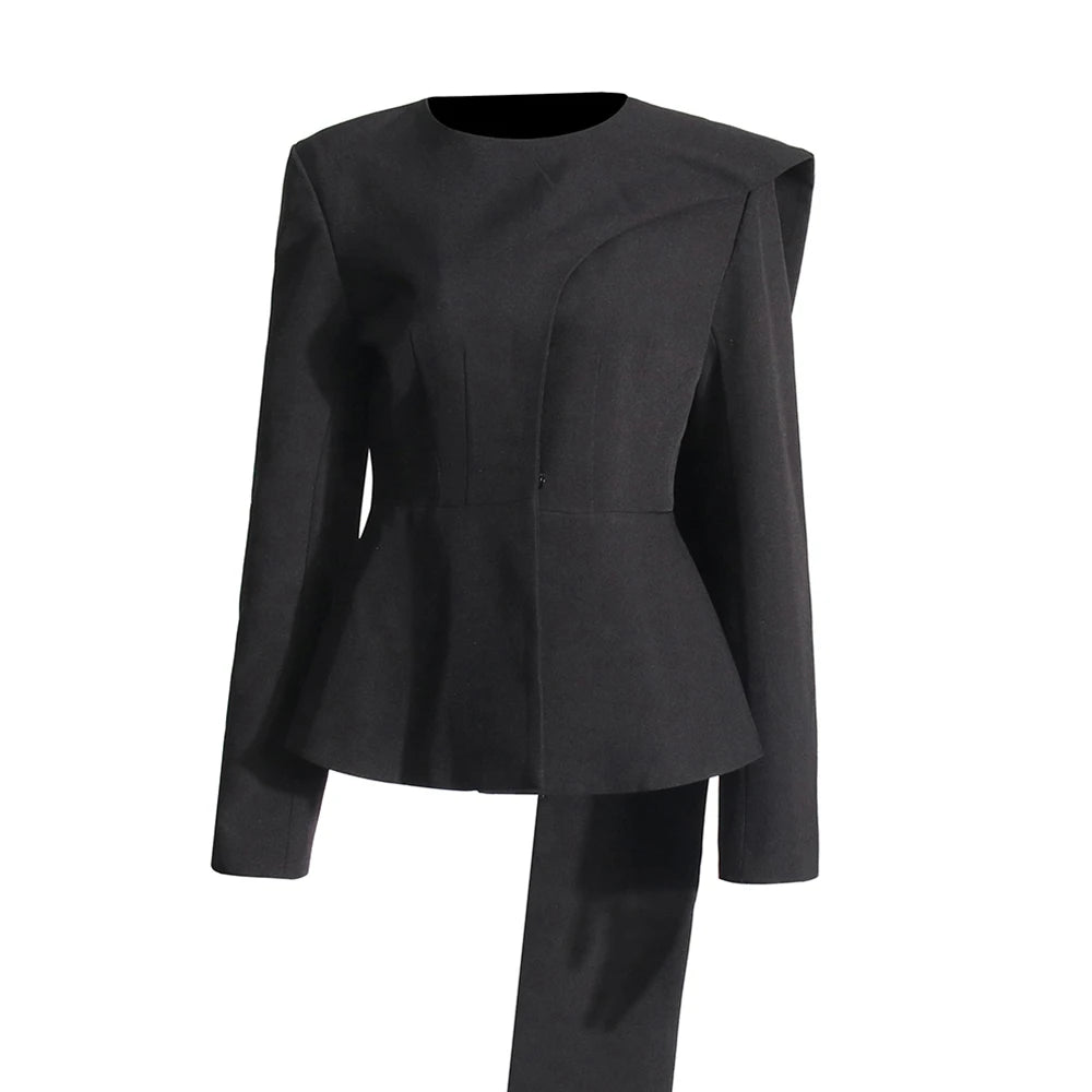 Solid Asymmetrical Blazers For Women Round Neck Long Sleeve Tunic Minimalist Blazer Female Fashion Style Clothes BLACK
