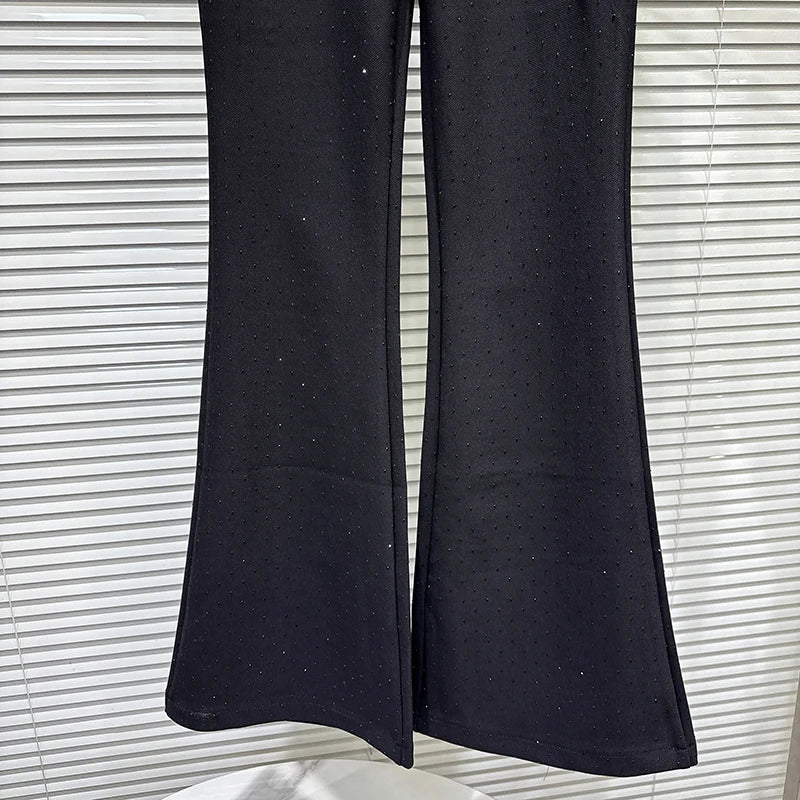 Winter New Fashion Full Rhinestone Stretch Fleece Flared Pants For Women High Waist Slim Fit Trousers Female 11A07729