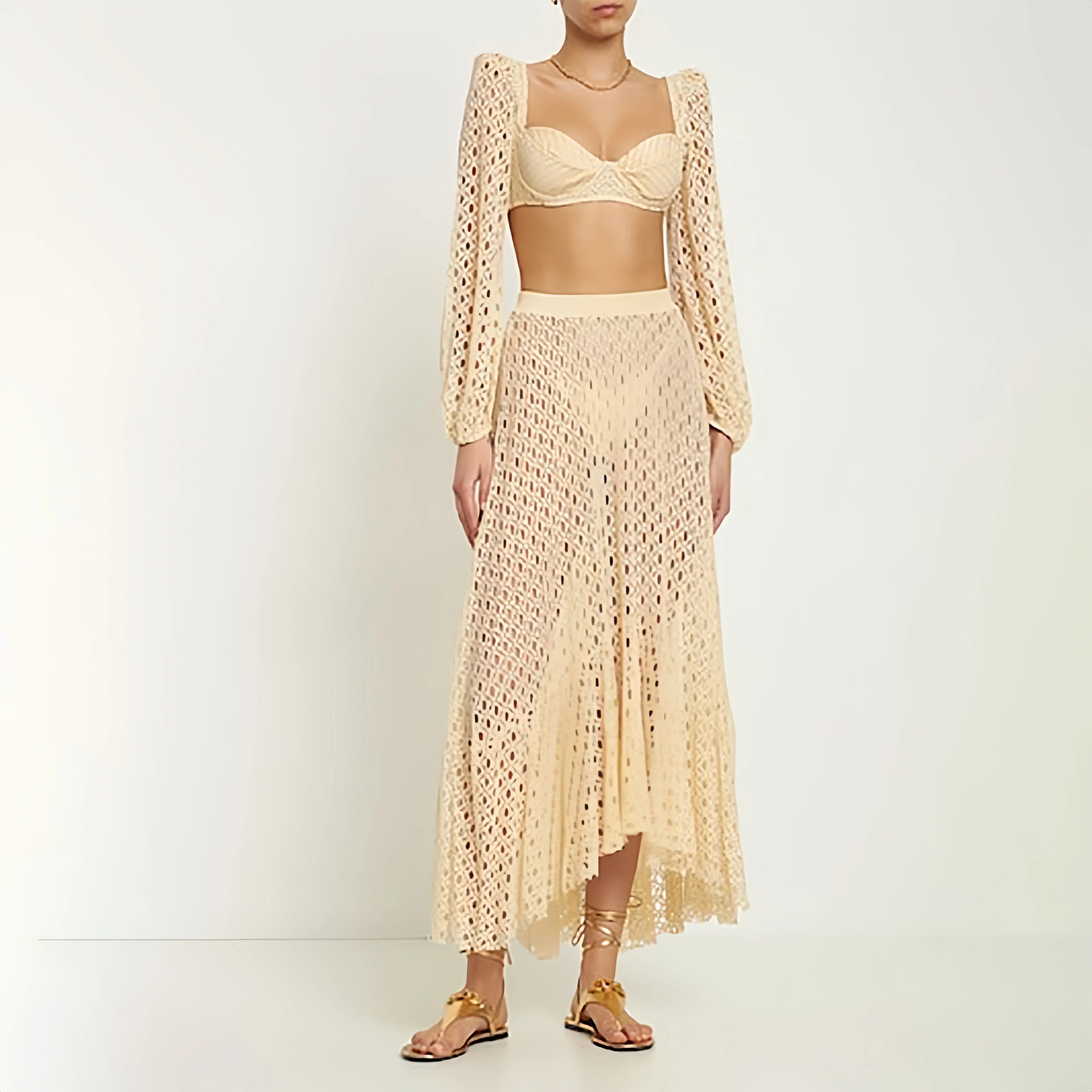 Knit Mesh Crochet Long Sleeve Bikini Sets Cut Out Stretch Swimsuit Cover Up Luxury Swimwear Women's Beach Outfits Beachwear 2024