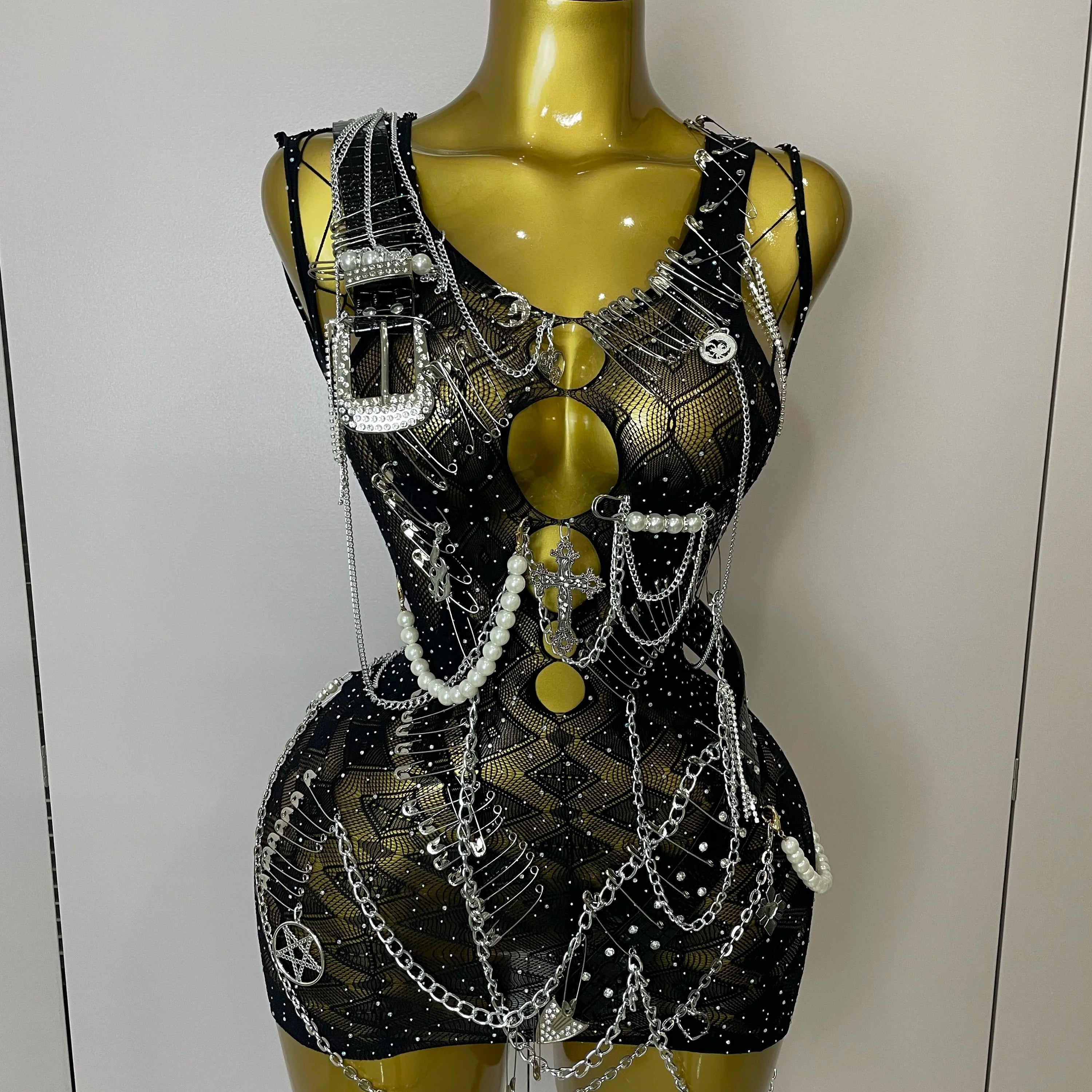 STOCK Sexy Fashion Pin Decoration Fringe Beading Short Party Dress 2025 Women Hollow Out Nightclub Performance Singer Costume black