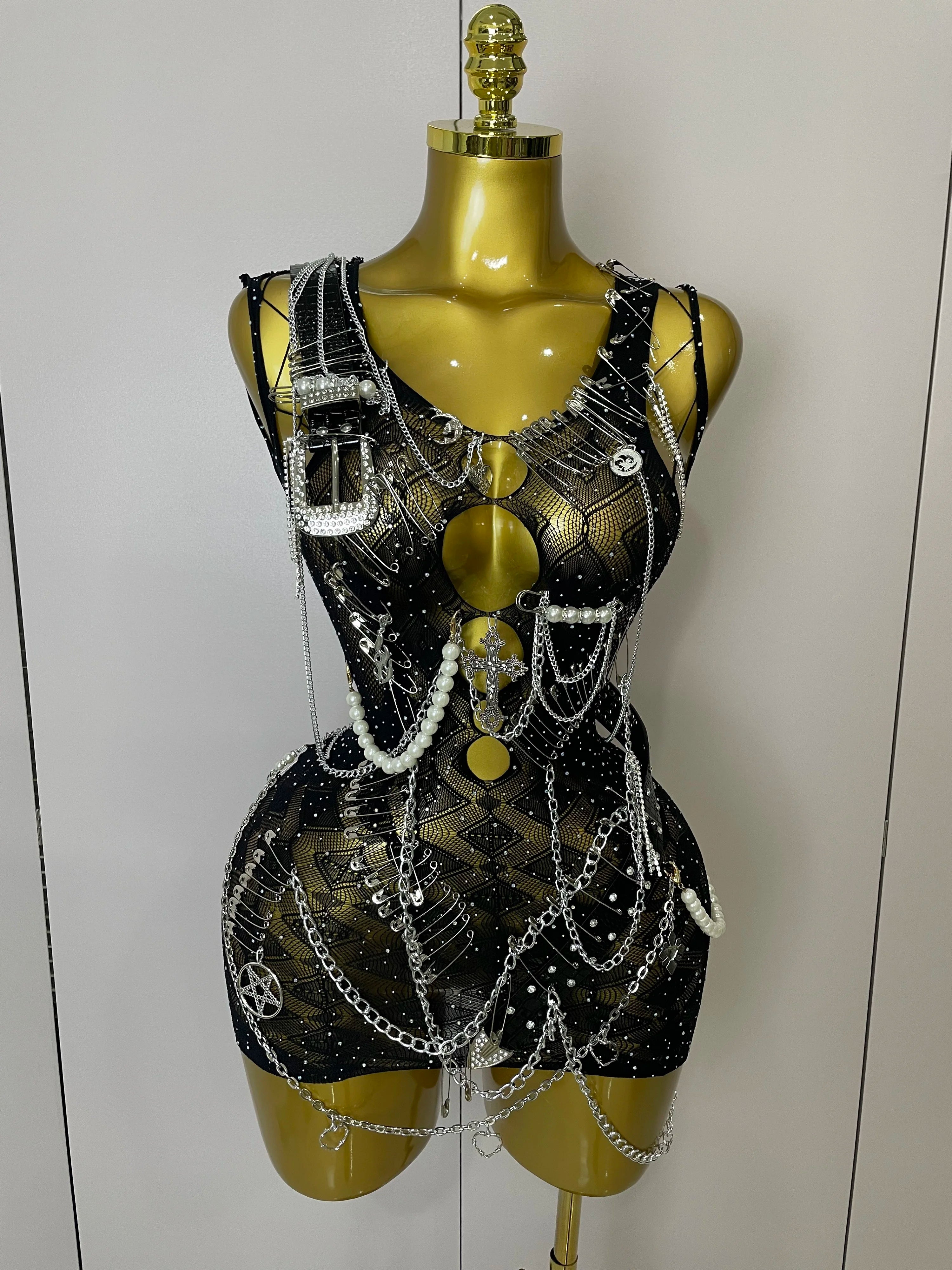 STOCK Sexy Fashion Pin Decoration Fringe Beading Short Party Dress 2025 Women Hollow Out Nightclub Performance Singer Costume black