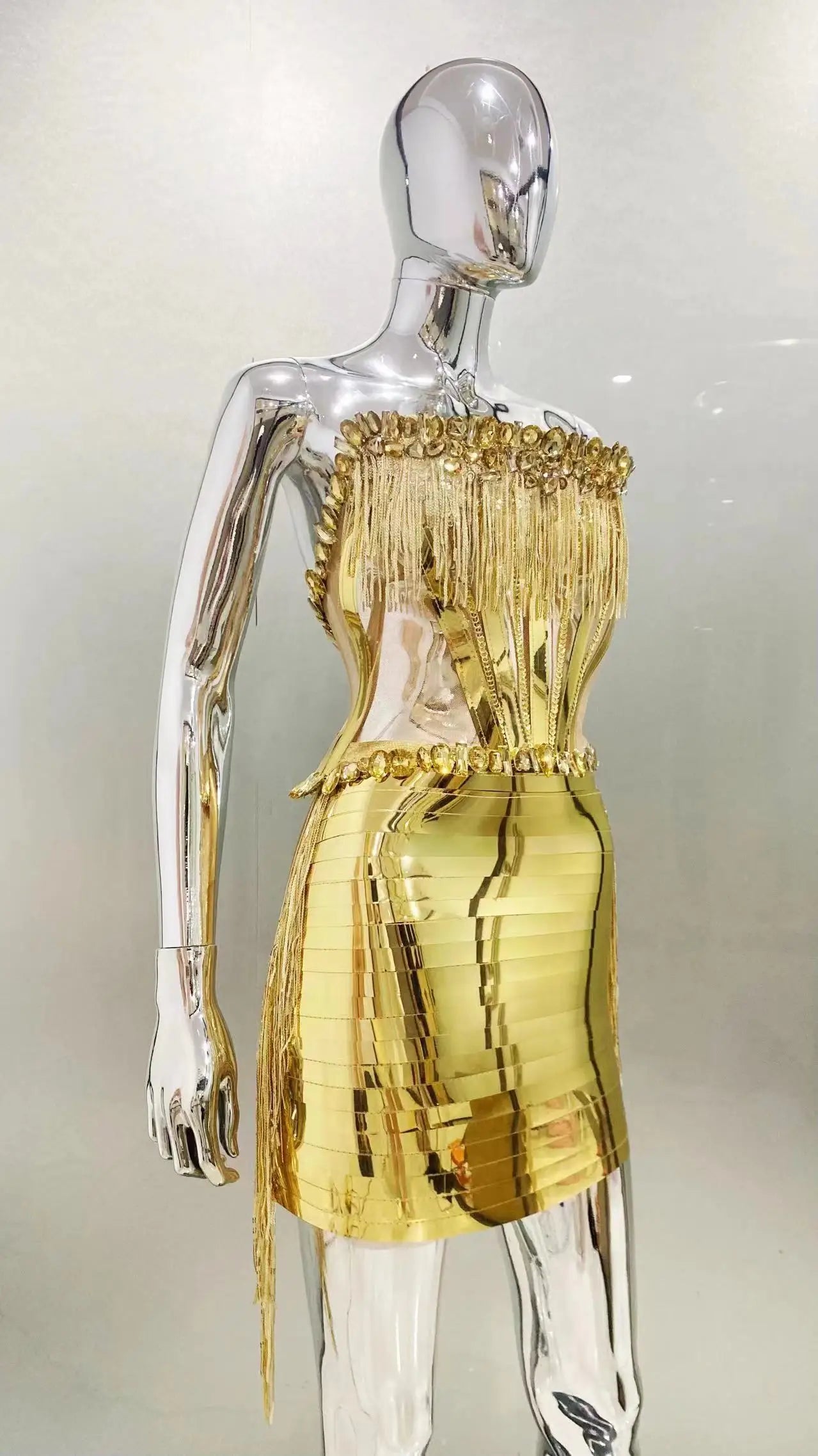 Gold Color Women Sexy Strapless Shinning Crystal 2 Pieces Bodycon Mini Dress Nightclub Party Performance Costume Birthday Dress