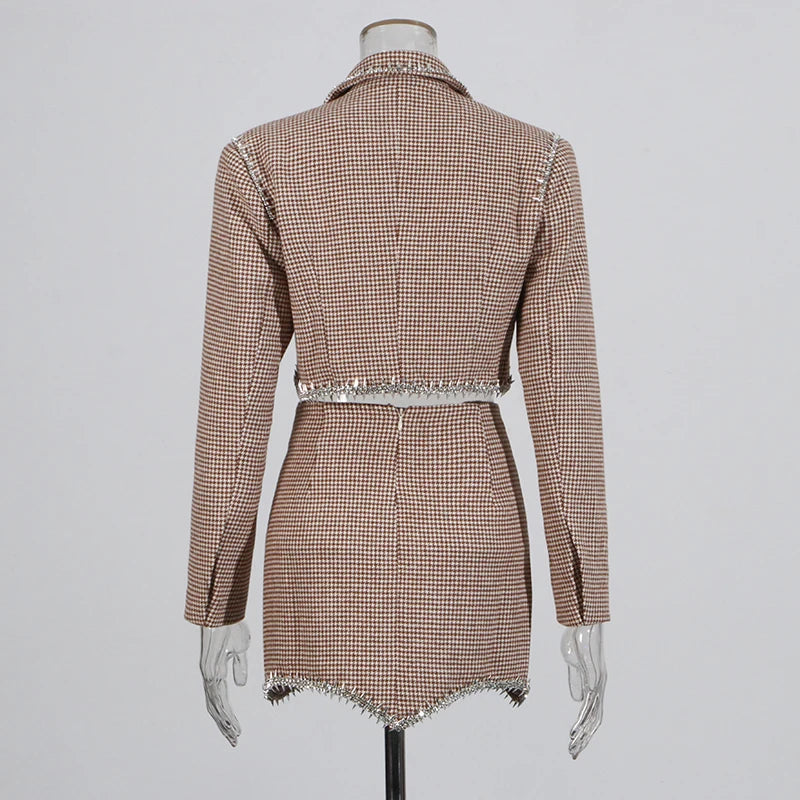 Solid Two Piece Set For Women Notched Collar Long Sleeve Spliced Diamond Blazer High Waist Skirt Casual Set Female