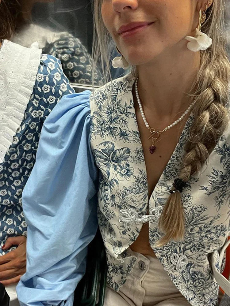 Chic Patchwork Print Floral Shirt Women V-neck Coil Buckle Lantern Sleeve Split Female Blouse Spring Summer Lady Streetwear