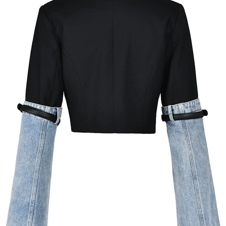 Colorblock Patchwork Denim Casual Coats For Women Lapel Long Sleeve Spliced Button Coat Female Fashion Clothing New