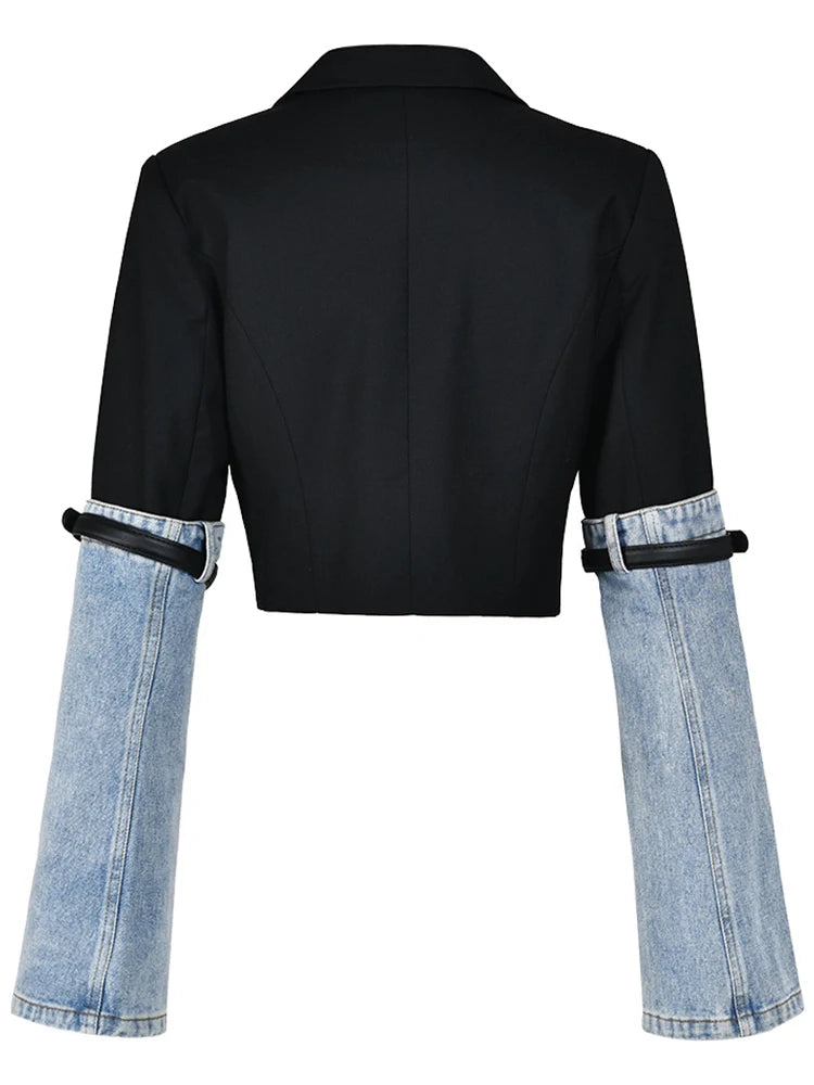 Colorblock Patchwork Denim Casual Coats For Women Lapel Long Sleeve Spliced Button Coat Female Fashion Clothing New