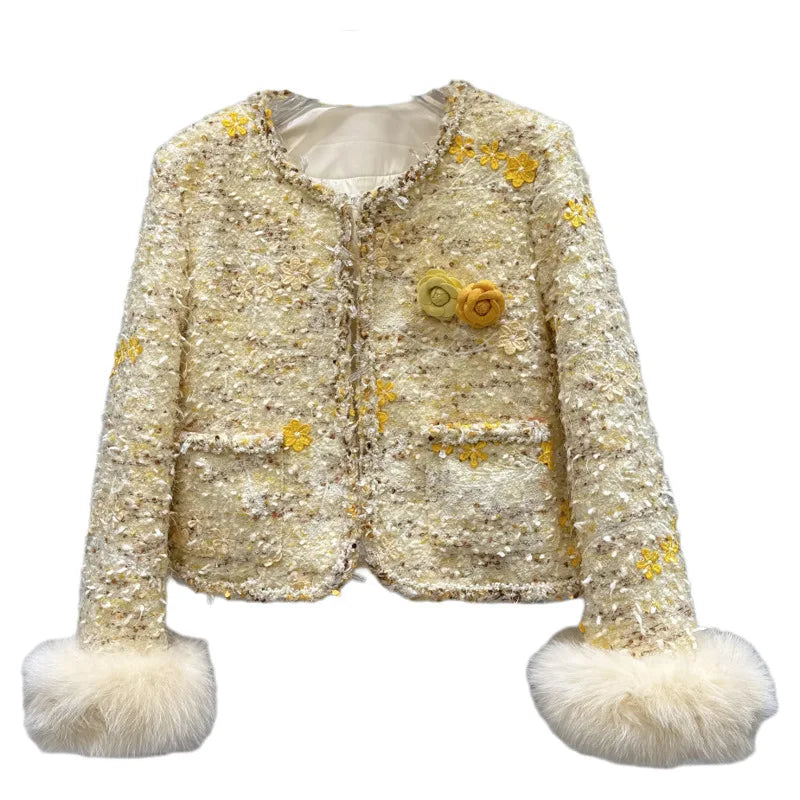 Winter New High-End Fashion Fox Fur Sleeve Tweed Cotton Liner Short Coat For Women Elegant Jacket Female 11A07868