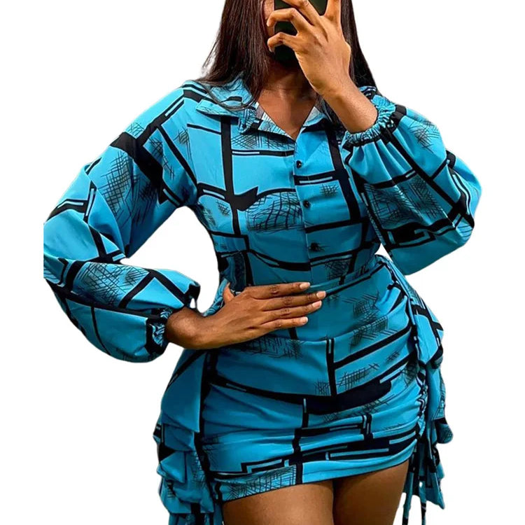 Elegant Striped Printed Ruffles Side Mini Skirts and Long Sleeve Shirt Tops Women Two 2 Piece Sets Birthday Festivals Outfits Blue Set