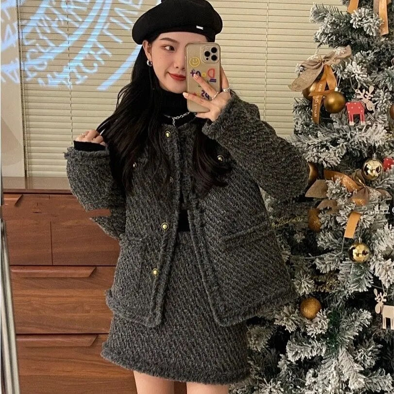 Women Elegant Vintage Tweed Fragrant Suit Jacke Coat Top And Skirt Two Piece Set Green Outfit Winter Jacquard Party Clothing Picture 8