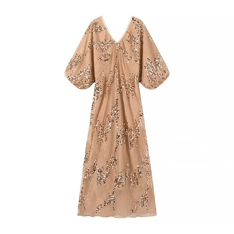 Strapless Pleated Sequins Dress Women New Fashion Lantern Sleeves V-Neck Lace Midi Dresses Female Evening Party Vestidos