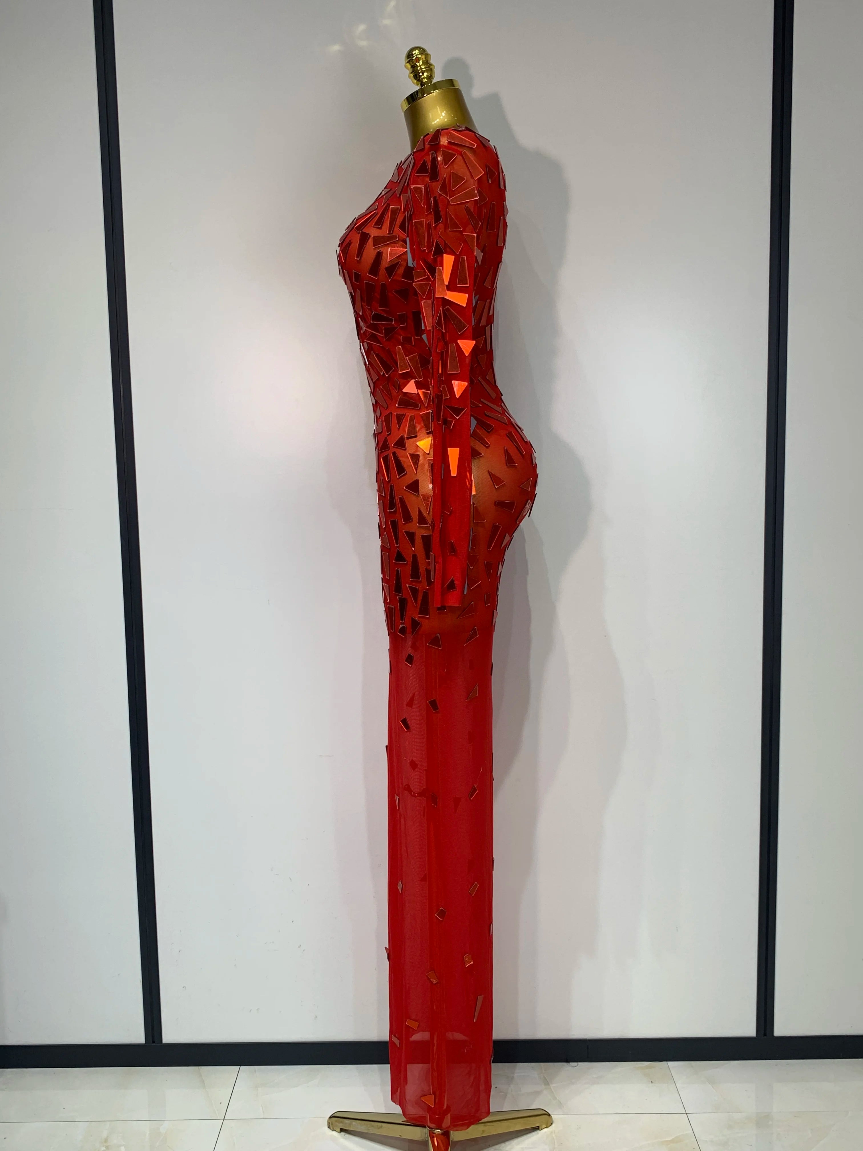 Sparkly Sequin Red Long Dress Luxury Birthday Celebrate Wedding Evening Prom Clothing Sexy Mesh See Through Strech Evening Gown