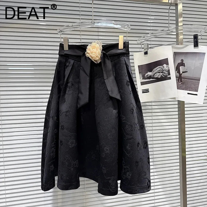 Winter New Fashion Three-Dimensional Flower Belt Jacquard Pattern A-Line Skirt For Women Mid-length Skirts 11A07957