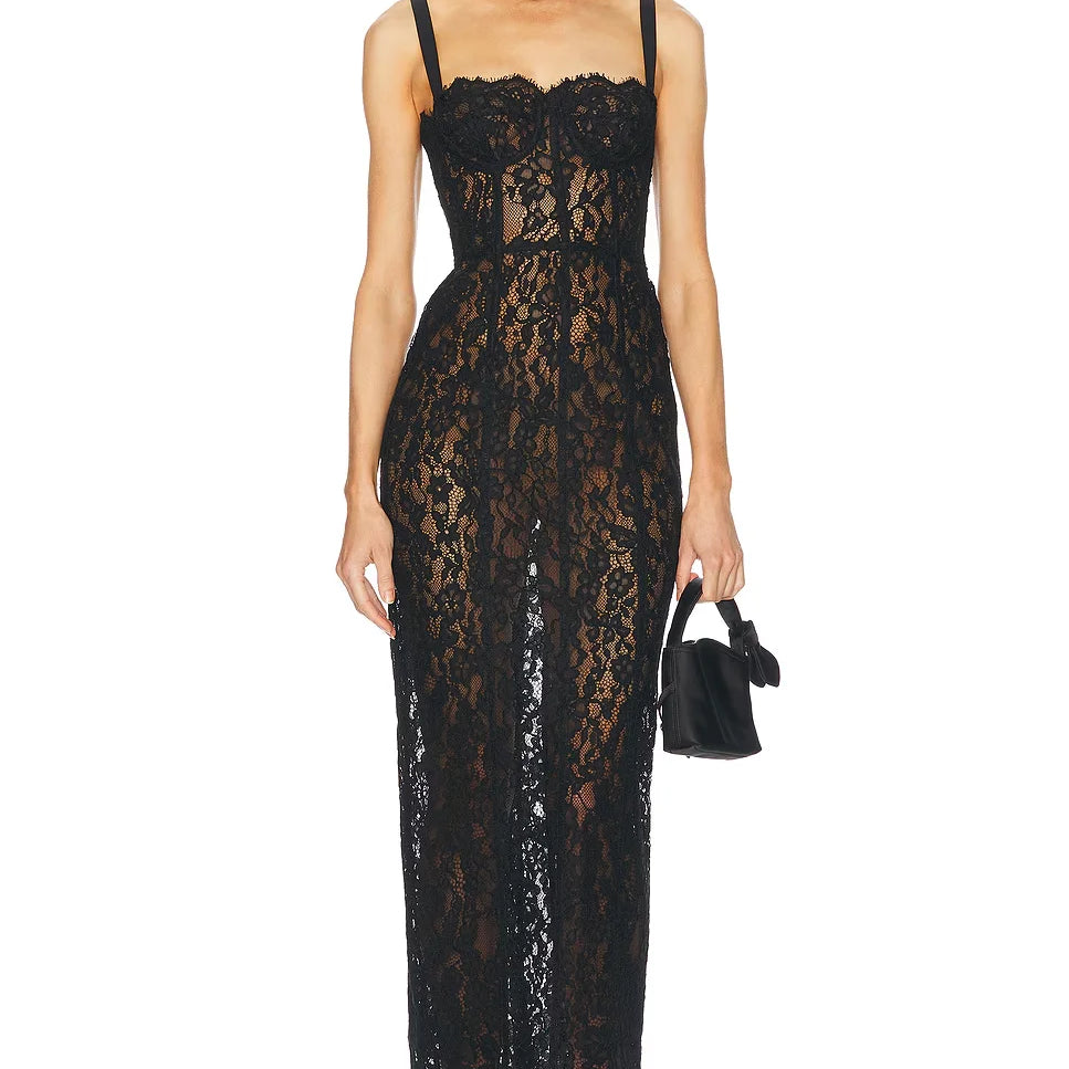 New Summer Black Women Sleeveless Sexy Strap Square Collar Lace Bodycon Mid-calf Dress Evening Party Celebrate Birthday Wear black