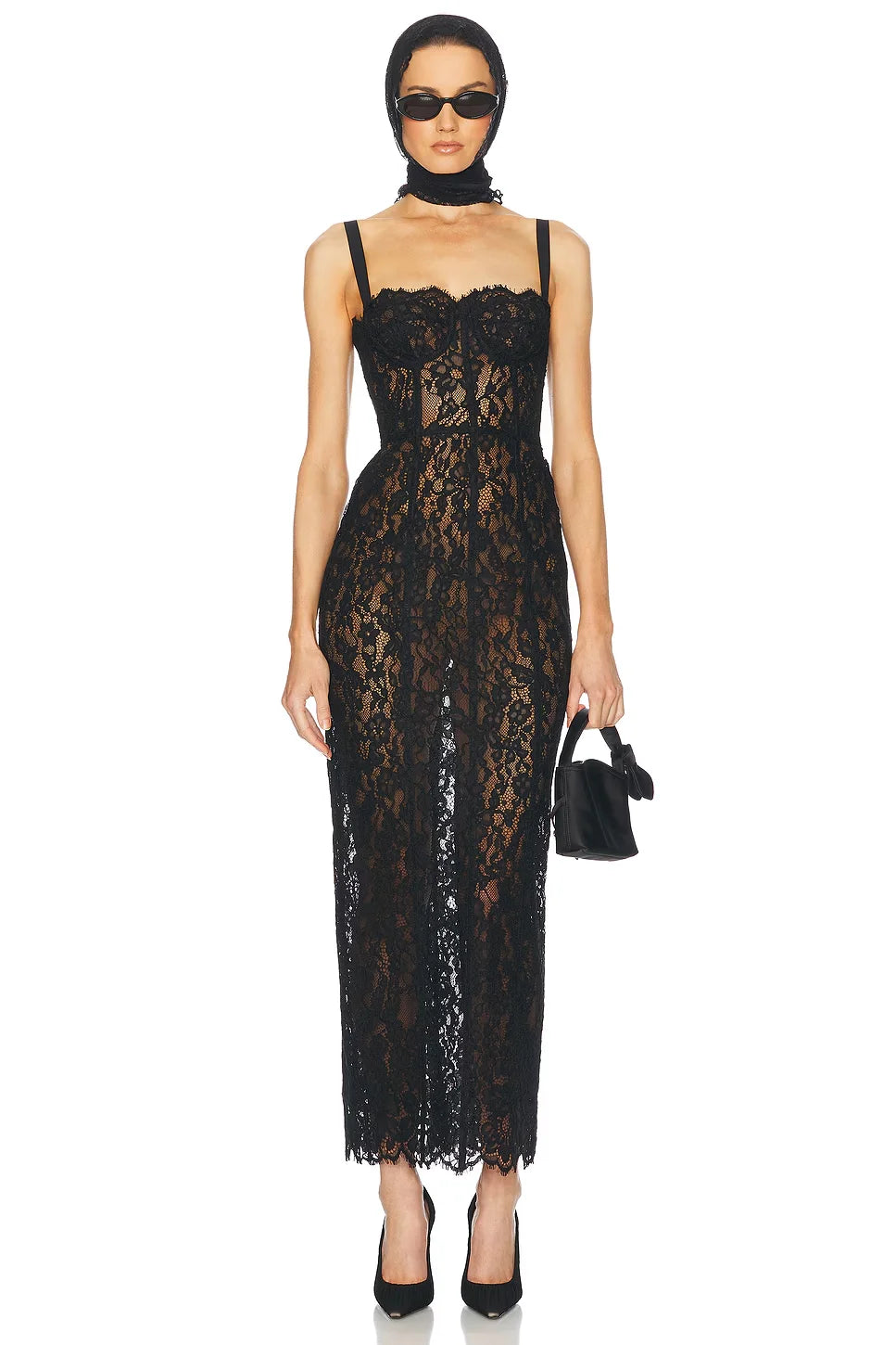 New Summer Black Women Sleeveless Sexy Strap Square Collar Lace Bodycon Mid-calf Dress Evening Party Celebrate Birthday Wear black