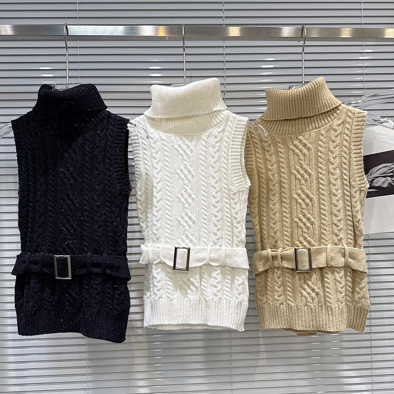 Winter New Fashionable Elegant Jacquard Knitted High Neck Vest With Belt Vest For Women Solid Color Tank Top 11A07949