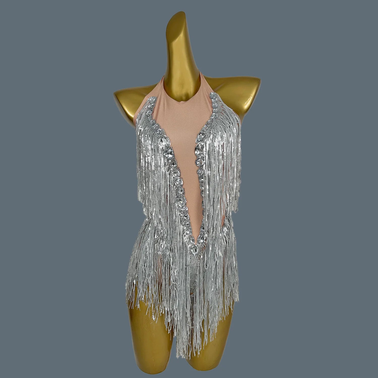 Women Summer Leotard Sexy Sleeveless Sequin Tassels High Elastic Bodysuit Singer Nightclub Stage Performance Clothing Shuye ﻿ Silver One Size