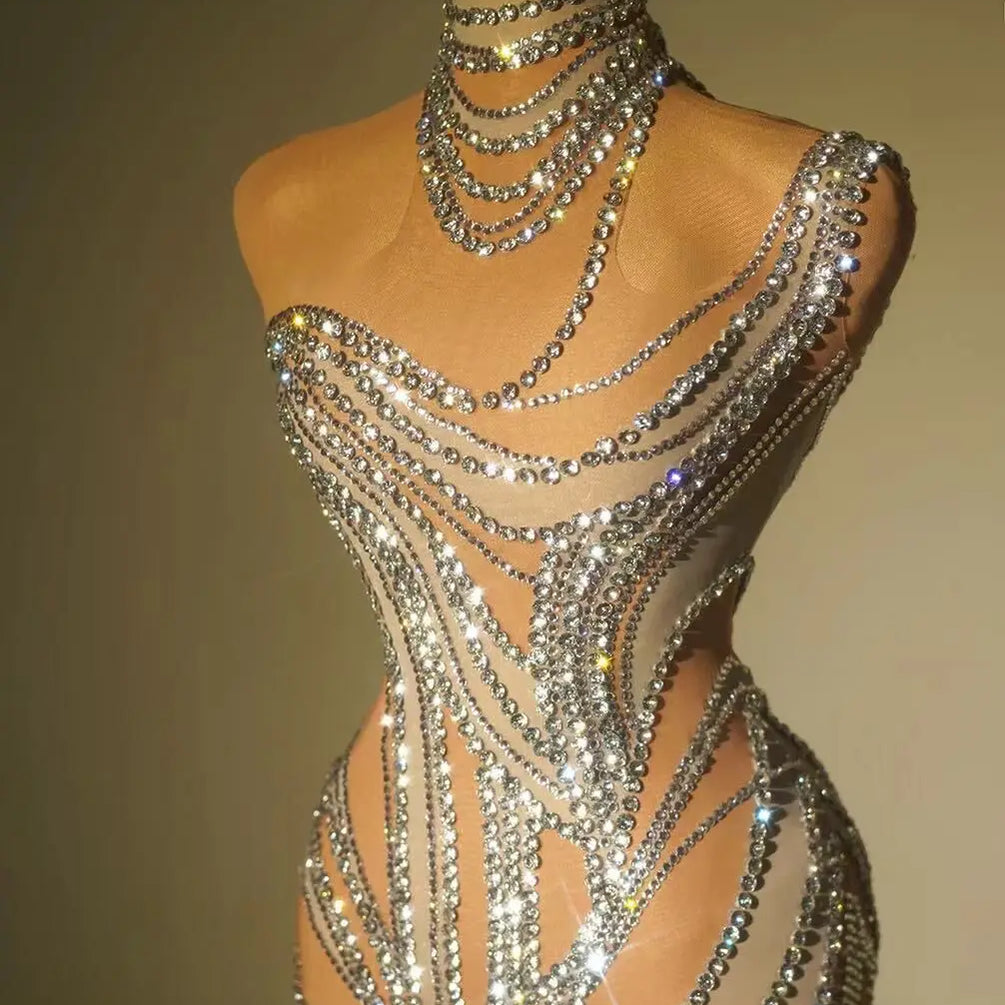 Women Sleeveless Sexy Off the Shoulder Mesh See Through Bodycon Mini Dress Sparkly Crystal Nightclub Party Dress