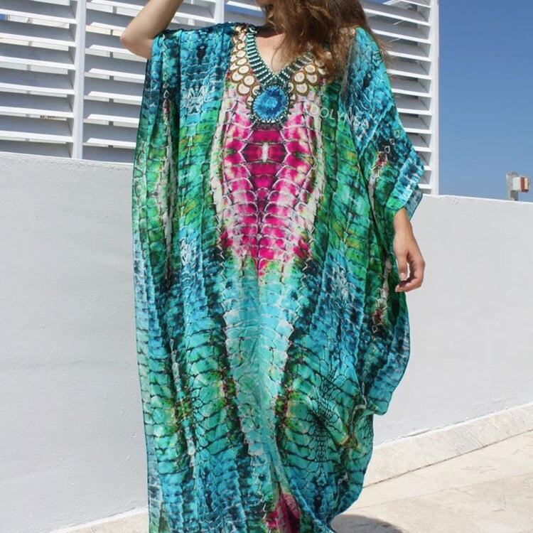 Plus Size Multicolored Loose Dress Cotton Tunic Women Large Size Beach Wear Kaftan Bohemian Printed Loose Beach Dresses Q1129-1084 One Size