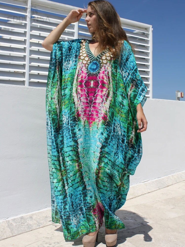 Plus Size Multicolored Loose Dress Cotton Tunic Women Large Size Beach Wear Kaftan Bohemian Printed Loose Beach Dresses Q1129-1084 One Size