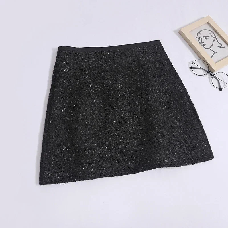 ABRINI Women Office High Waist A-line Tweed Skirt Party Mini Slim Skirt Chic Shiny Slim Skirts For Women Spring Summer BLACK