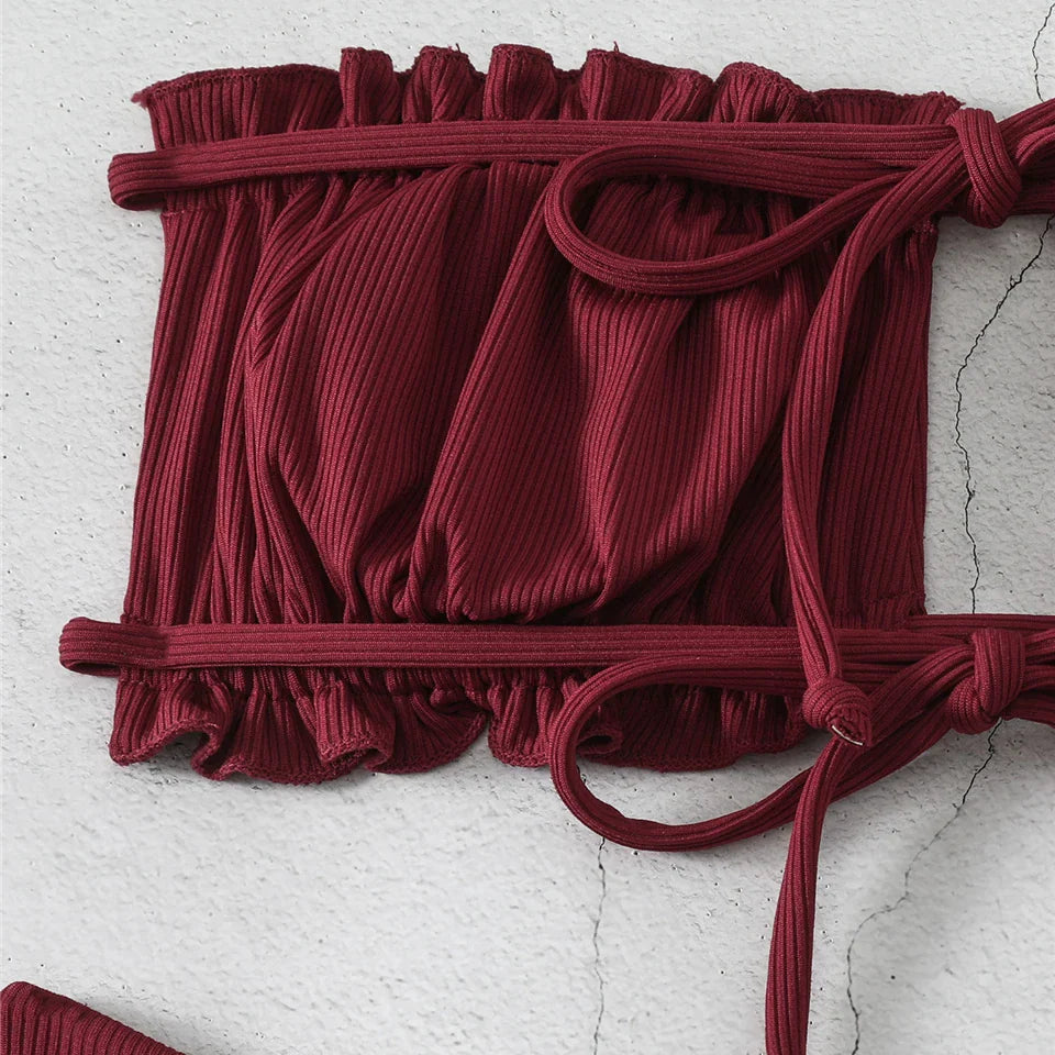 Back Lace Up Bikinis Women Solid Sexy Hollow Out Swimwear Female Beachwear Swimsuit Female Bathers Bathing Swimming Suit