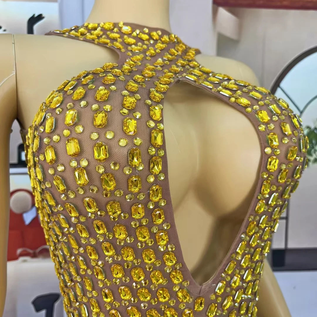 New Sexy Hollow out Mini Dress Women's Bodycon Wrap Dress Birthday Party Sparkly Golden Rhinestone Club Evening Dress liusixian