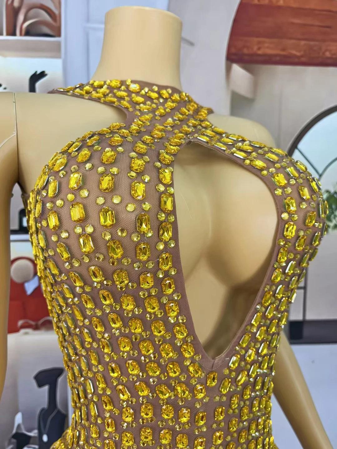 New Sexy Hollow out Mini Dress Women's Bodycon Wrap Dress Birthday Party Sparkly Golden Rhinestone Club Evening Dress liusixian