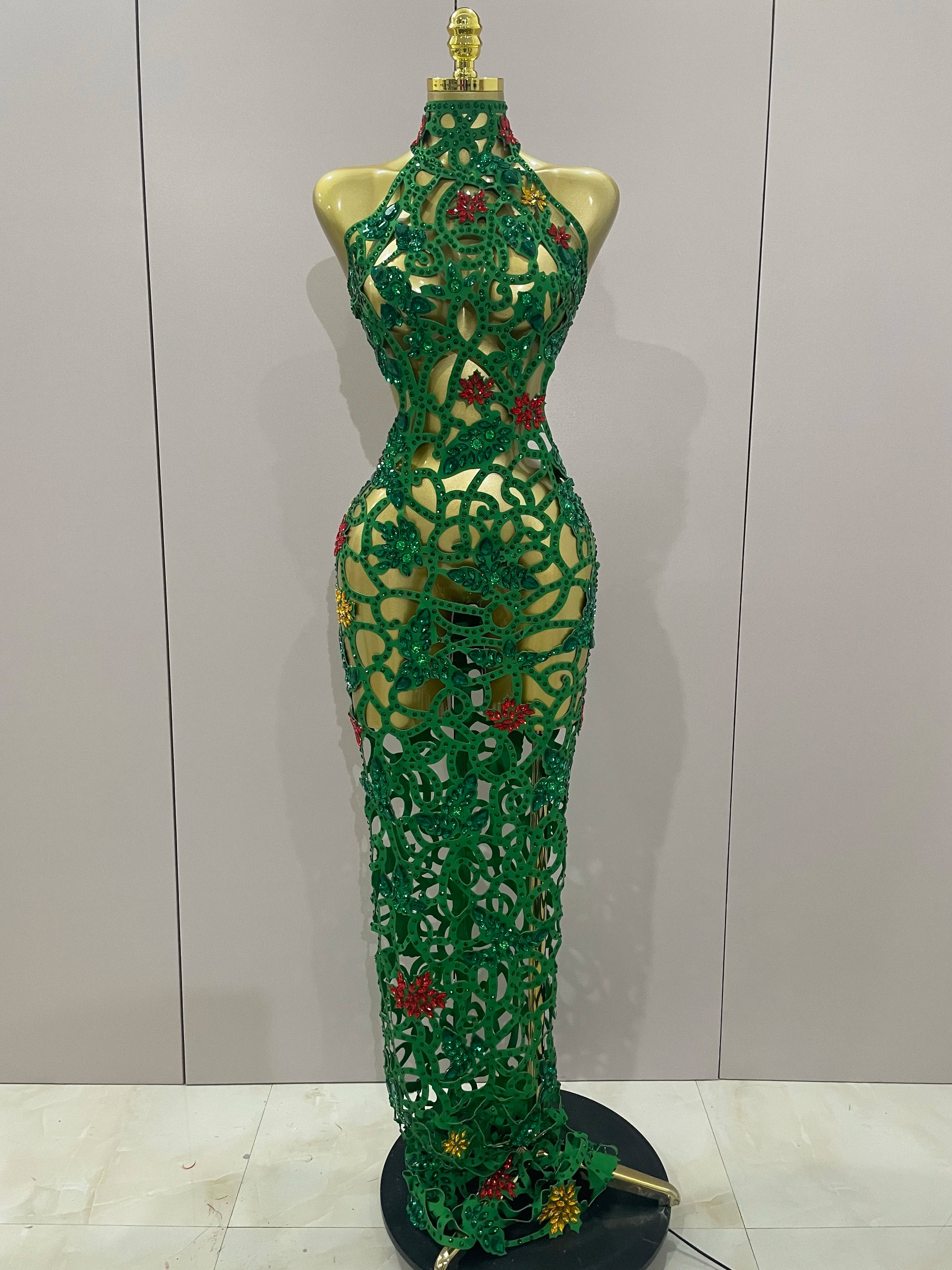 Sexy Shiny Colorful Rhinestone Hollow Out Long Dress Women Celebrate Evening party Nightclub Singer Stage Photo Shoot Costume green
