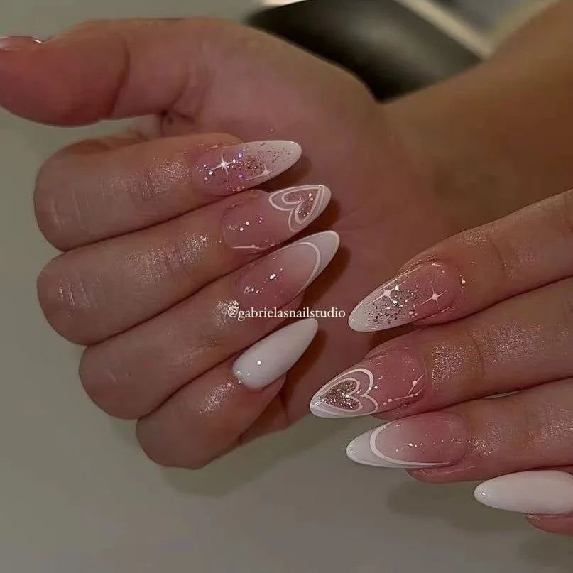 24Pcs Sweet Y2k Press on False Nail with Heart Pearl Diamonds Pink Nail Art French Almond Gradient Wearable Fake Nail Spice Girl 3