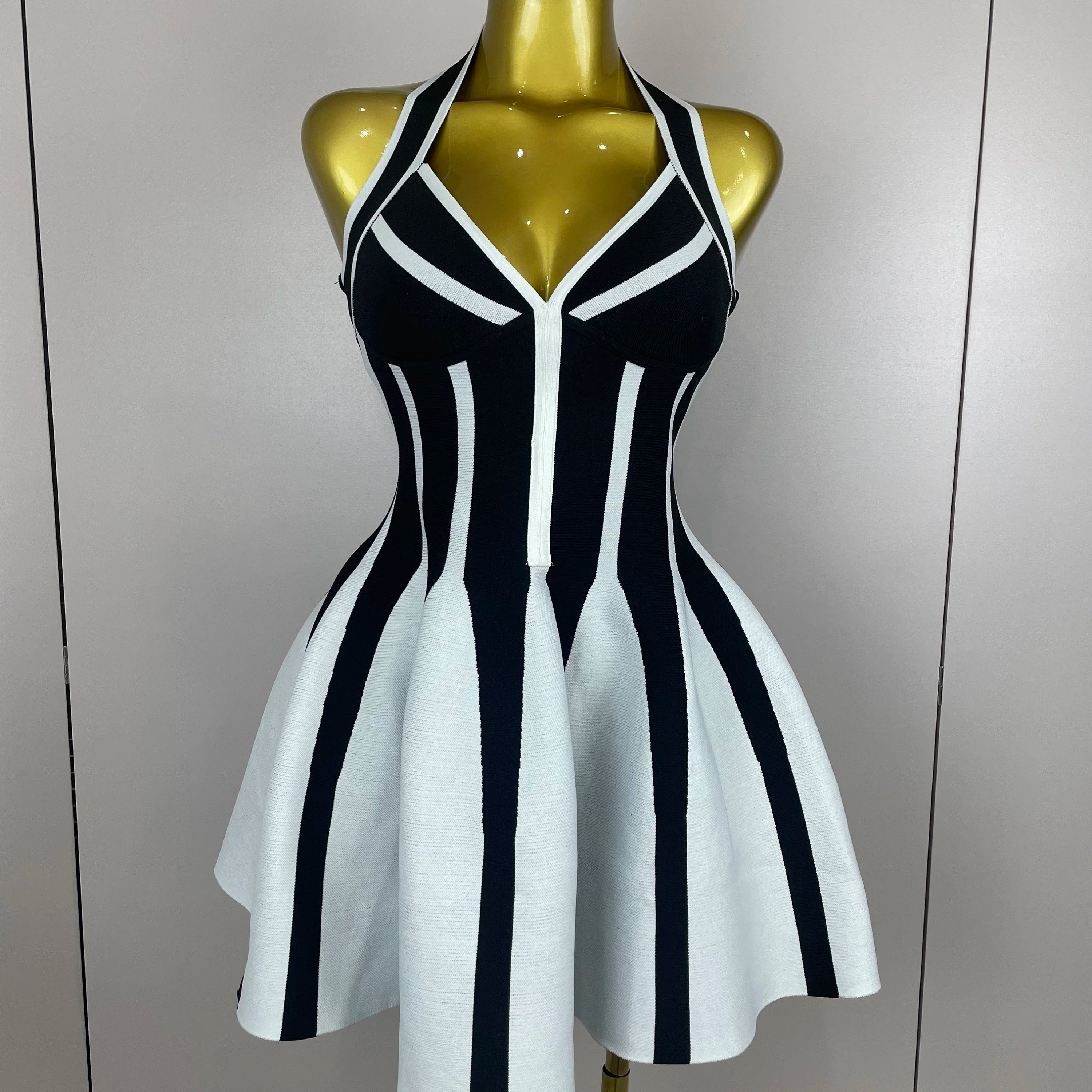 Sexy Backless Black White Stripes Halter Bandage A Line Short Dress 2025Women Celebrity Elegant Evening Party Holiday Club Dress black