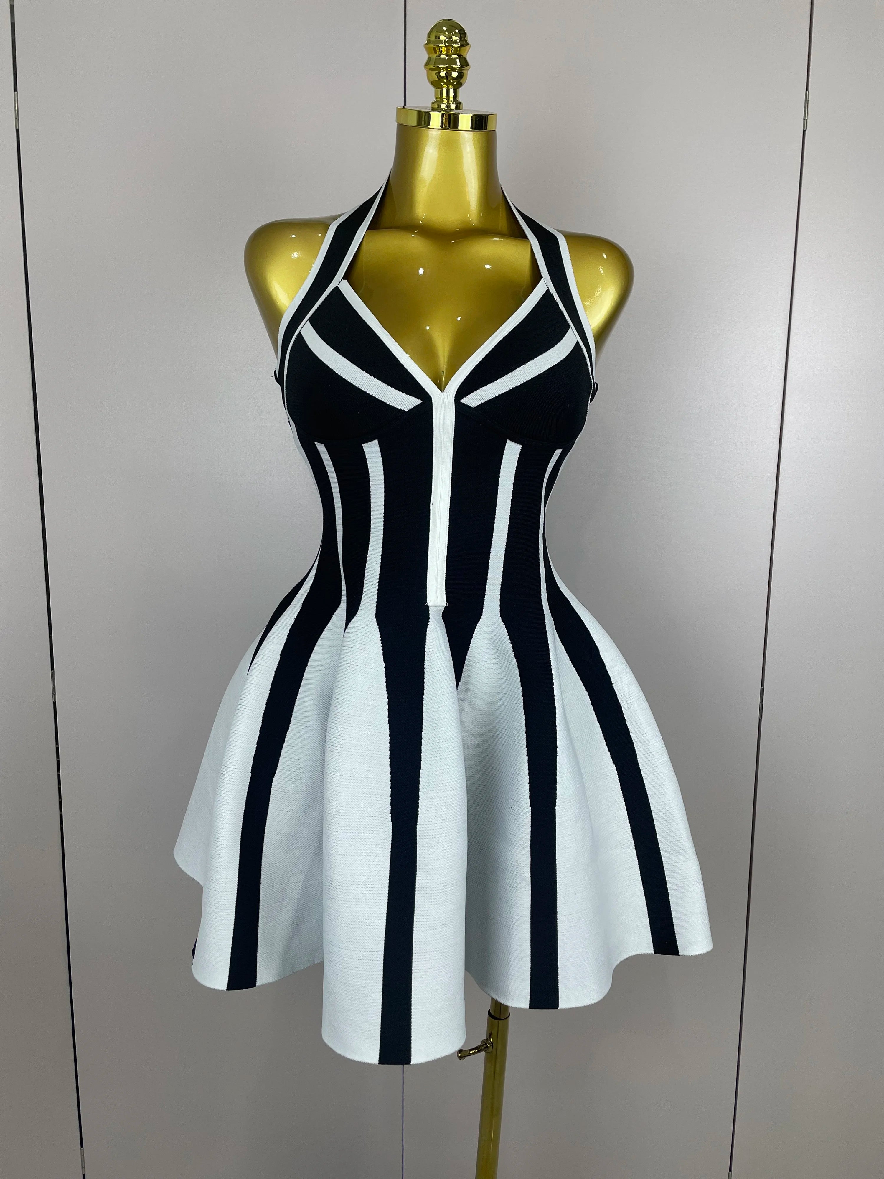 Sexy Backless Black White Stripes Halter Bandage A Line Short Dress 2025Women Celebrity Elegant Evening Party Holiday Club Dress black