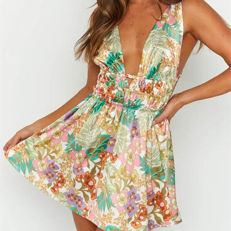 New Backless Sexy Women Mini Dress Sleeveless V Neck Backless Flower Print Summer Club Party Dress Sundress Streetwear S M L A