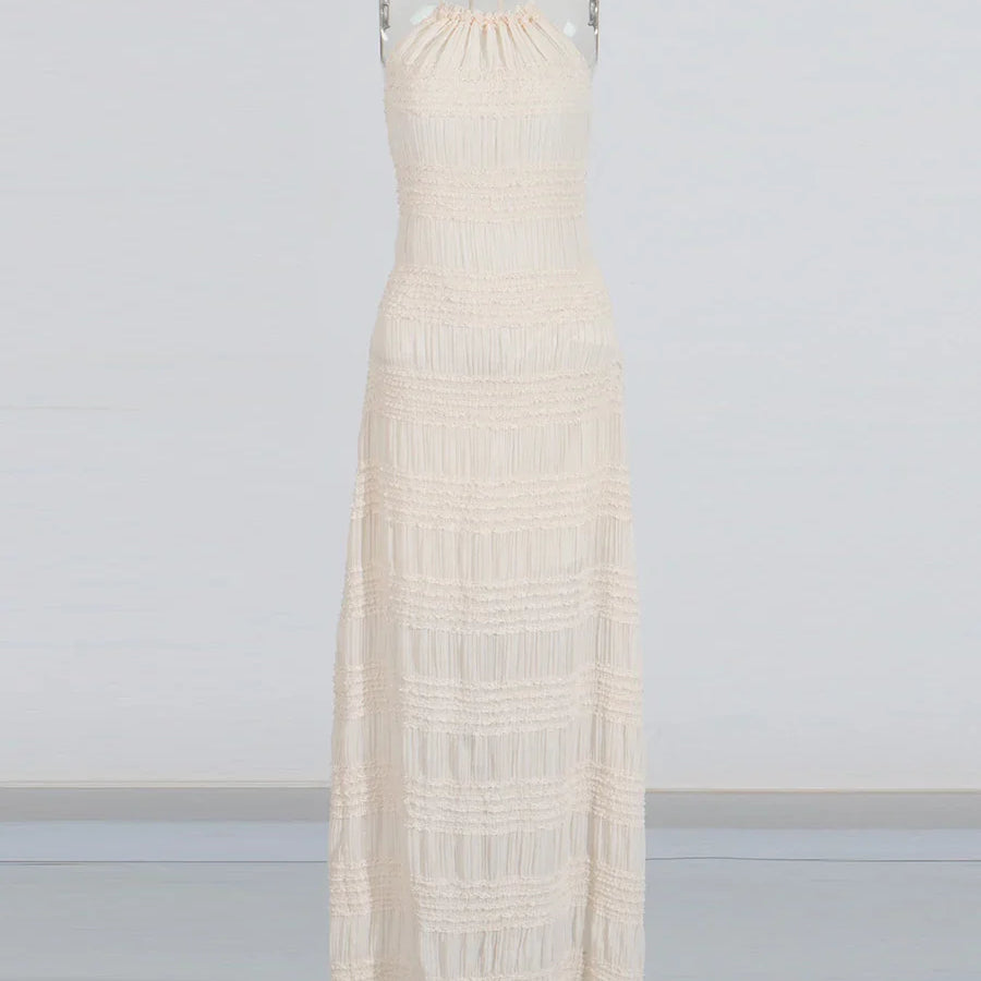 Slimming Sheer Spliced Striped Casual Dresses for Women Halter Neck Sleeveless Backless Dress Female Fashion New APRICOT