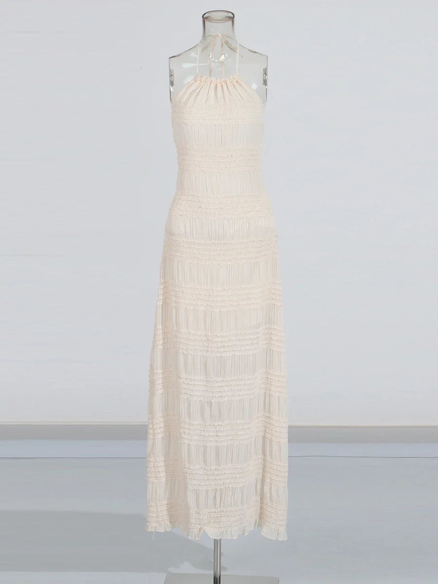 Slimming Sheer Spliced Striped Casual Dresses for Women Halter Neck Sleeveless Backless Dress Female Fashion New APRICOT