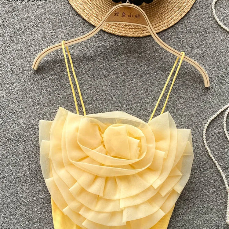 SINGREINY Female 3D Flowers Vacation Style Sexy Camis Summer Design Sheath Tops Women Solid Slim Short Streetwear Beach Camisole light yellow One Size