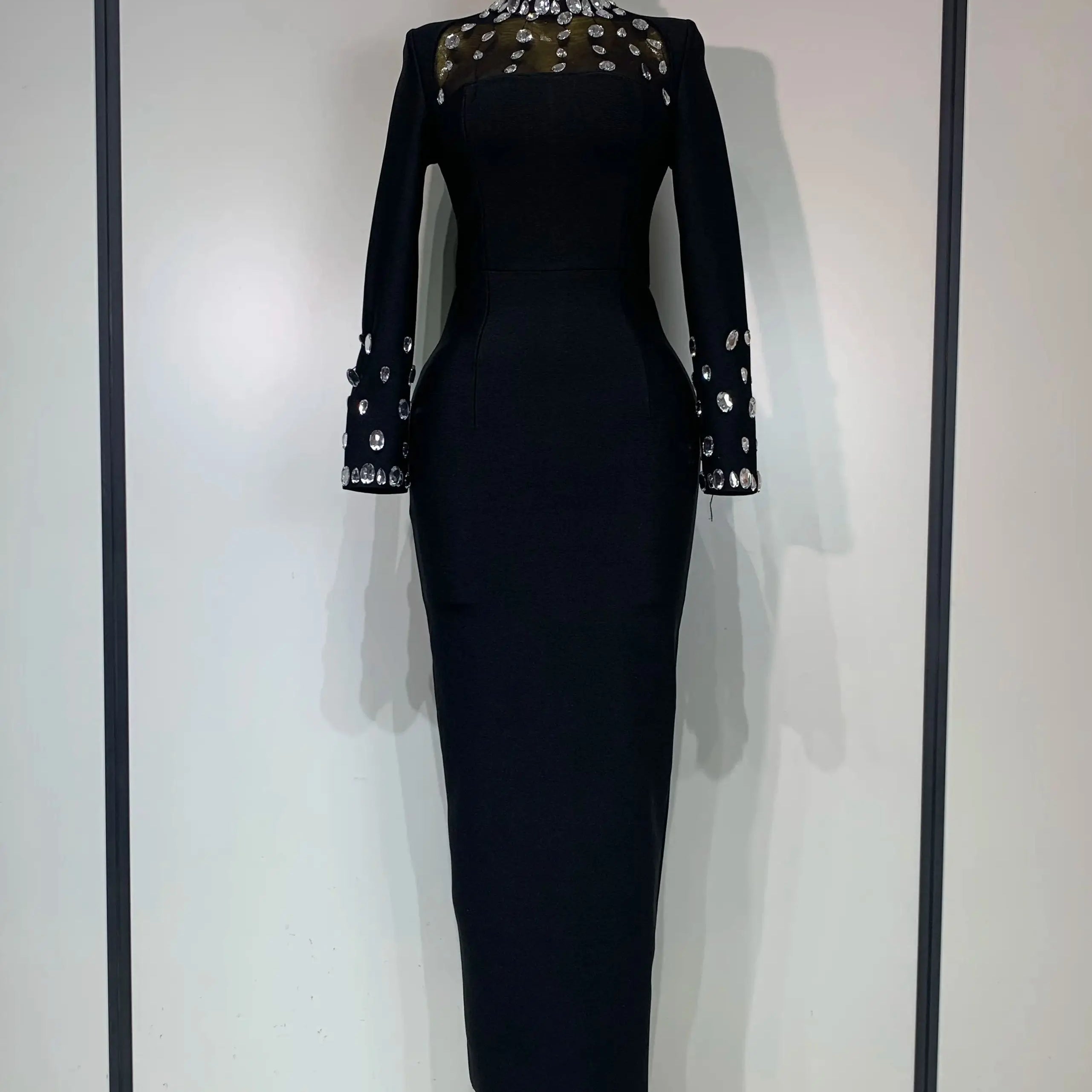 Luxury Birthday Dresses Sparkly Diamond Long Sleeve Black Bodycon Bandage Dress Women Wedding Evening Club Party Prom Gowns black