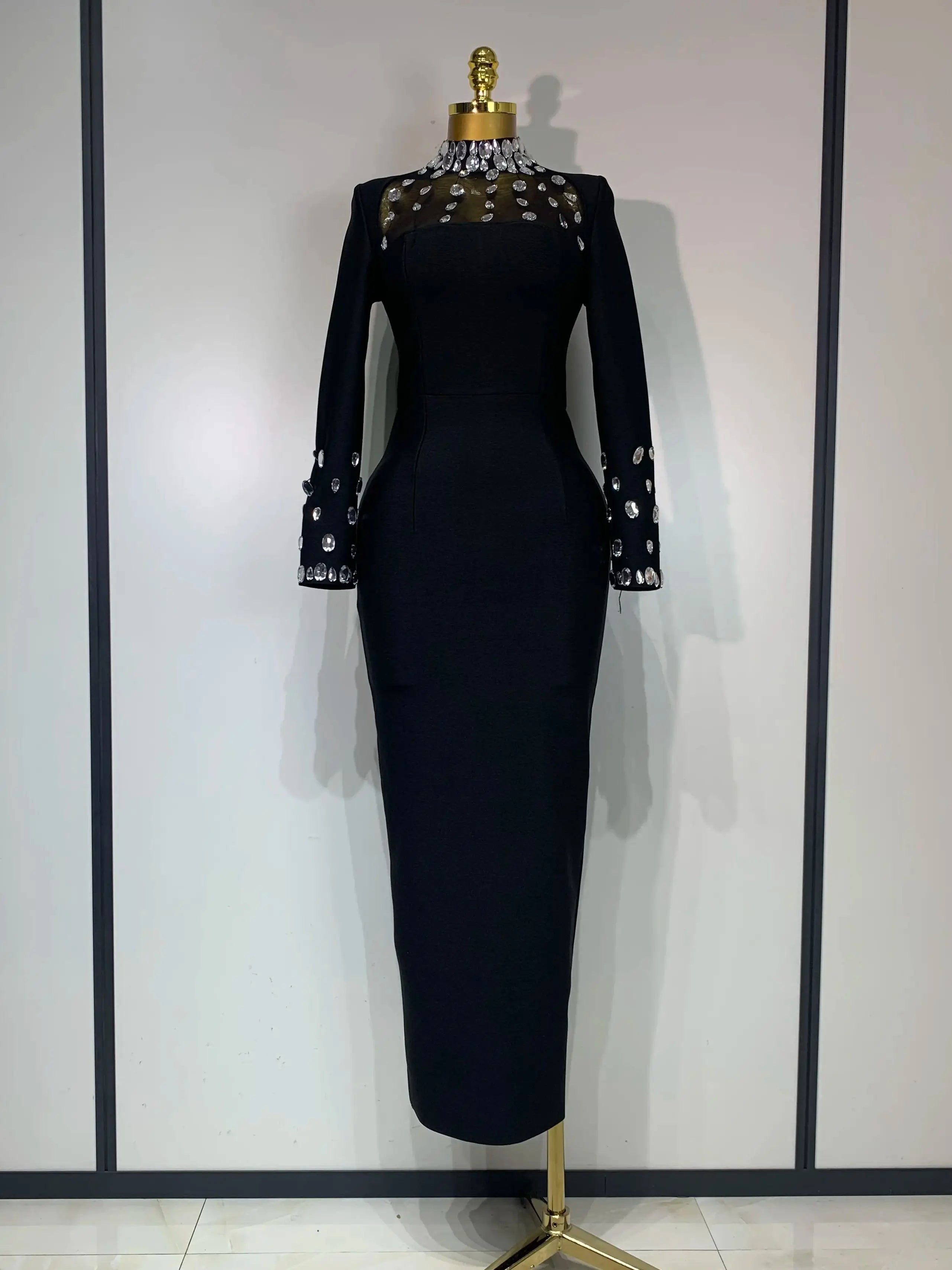 Luxury Birthday Dresses Sparkly Diamond Long Sleeve Black Bodycon Bandage Dress Women Wedding Evening Club Party Prom Gowns black